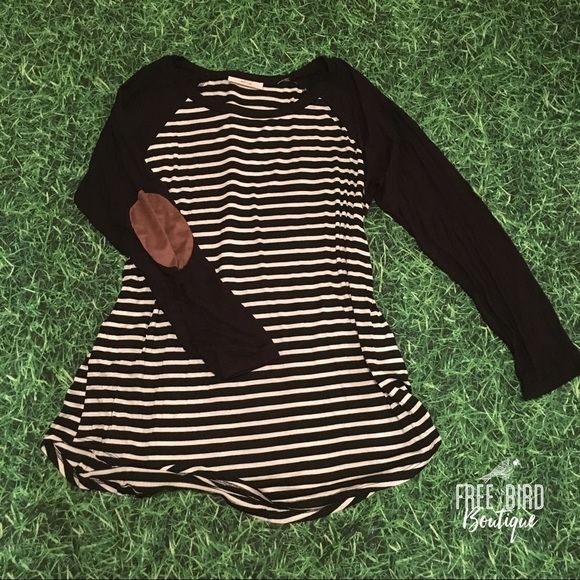 Tops - Striped 3/4 Sleeve Elbow Patch Top
